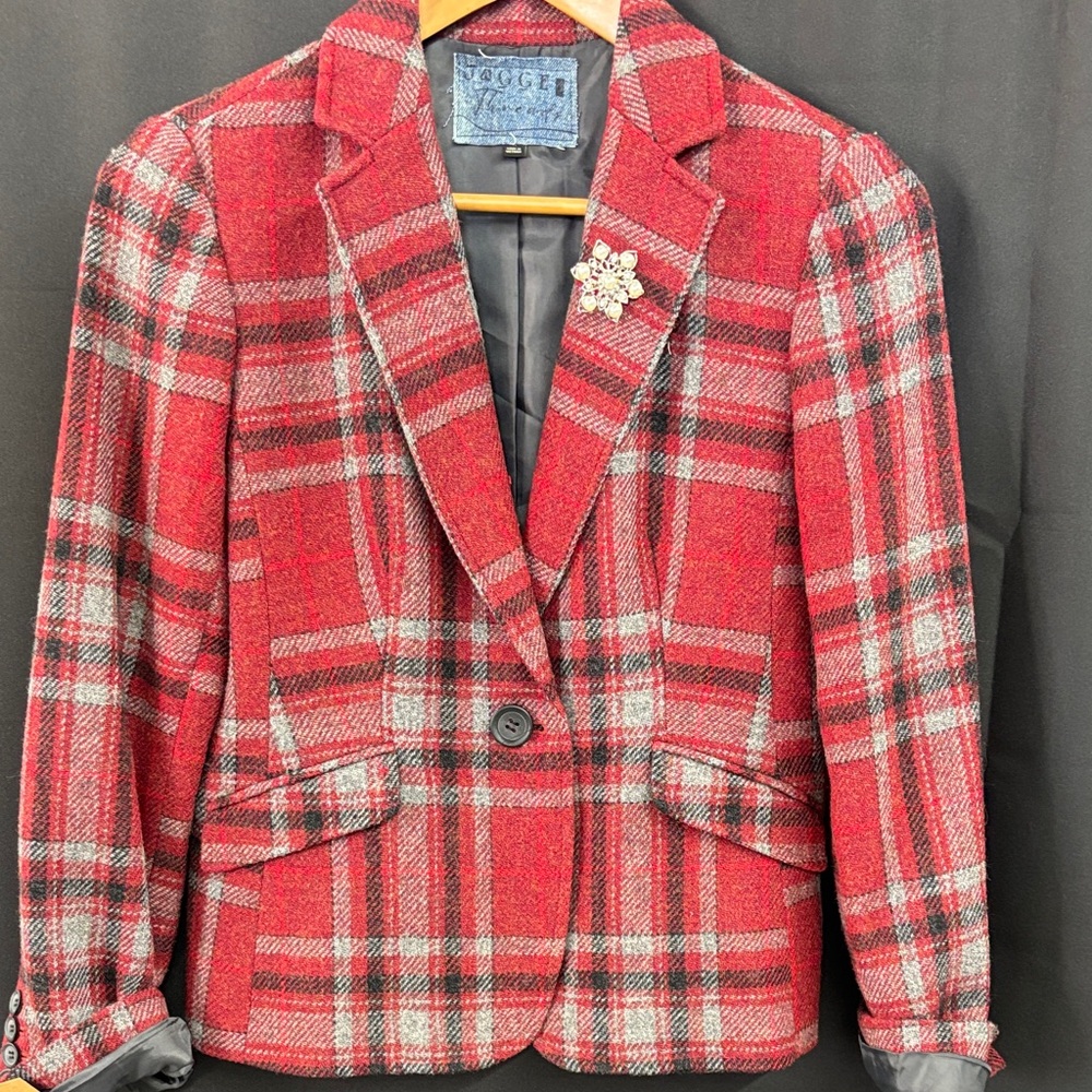 Vogue Red and Gray Plaid Blazer reimagined by “Jagged Threads”